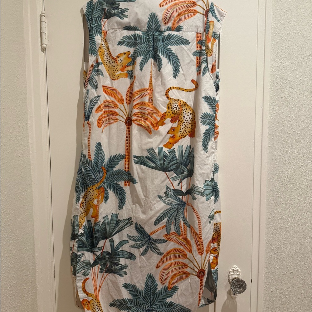 Anthropologie White Tropical Midi Shirt Dress with Green Palm & Orange Accents - Picture 4 of 6